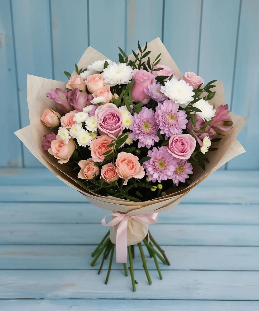 Букет цветов из: Хризантемы, Розы и Альстромерии в Новой Ольховке