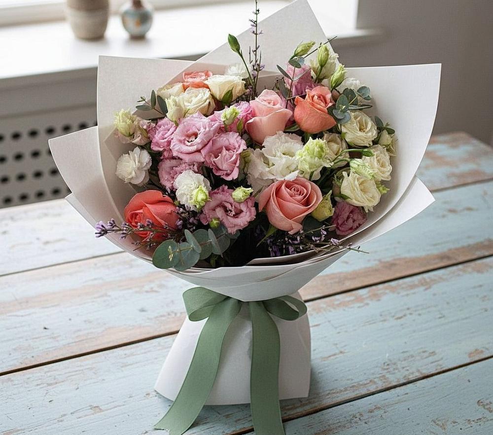 Букет цветов из: Розы, Лизиантусы и Гвоздики в Новой Ольховке