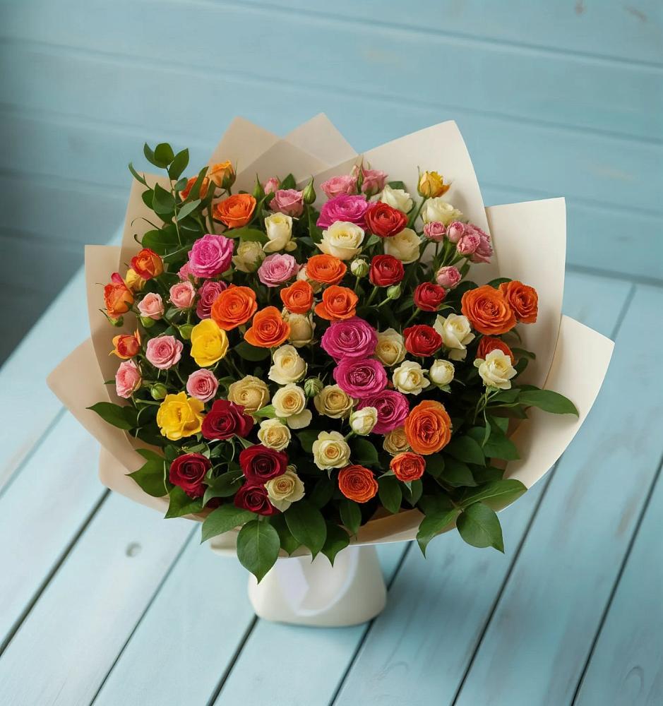Букет Микс из разноцветных кустовых роз в Новой Ольховке