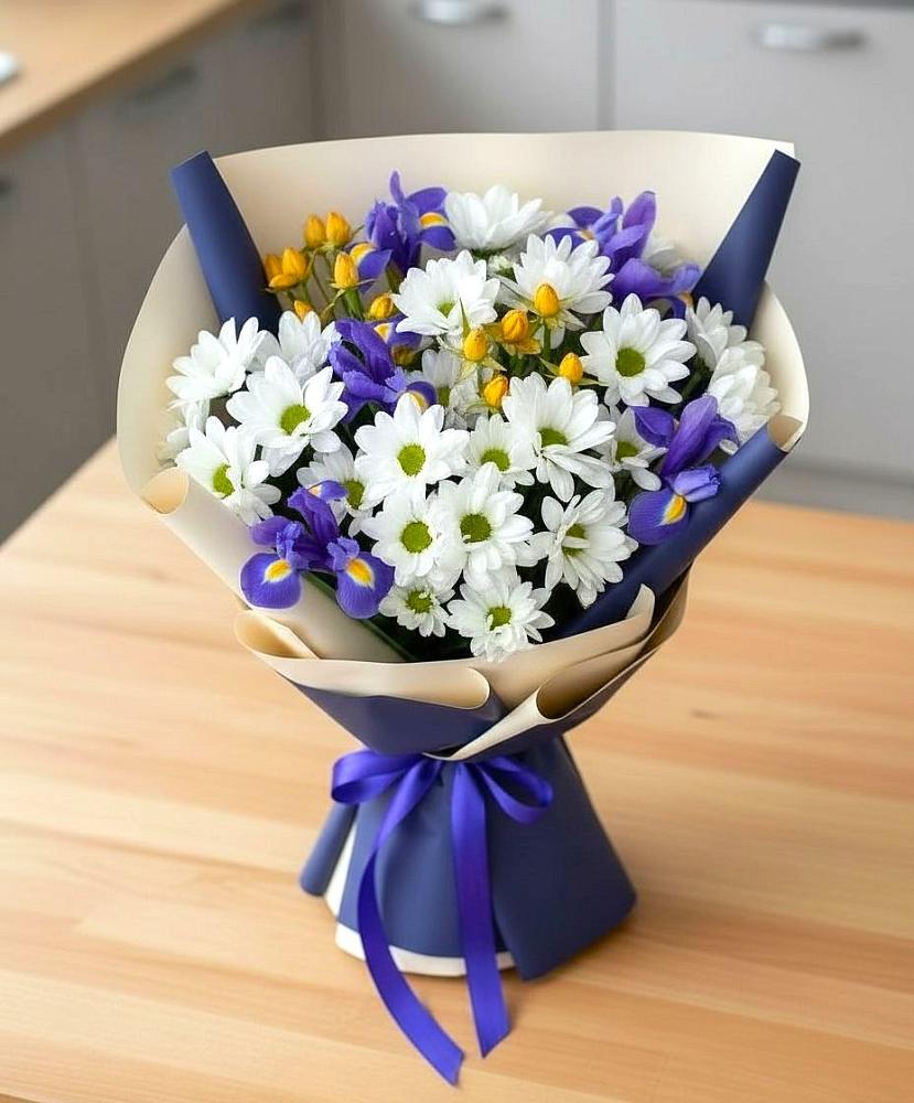 Букет цветов из: Розы, Ирисы и Хризантемы в Новой Ольховке