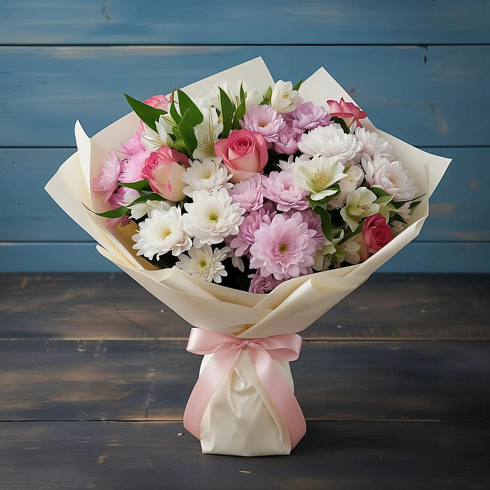 Букет цветов из: Хризантемы, Альстромерии и Розы в Новой Ольховке